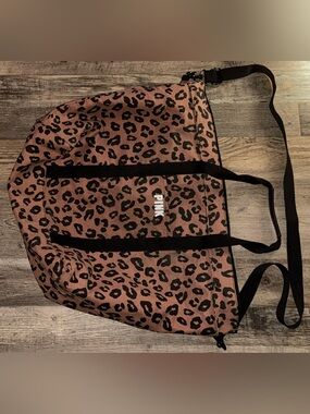 PINK Victoria's Secret Brown Leopard Print Tote with Black Straps tote travel
